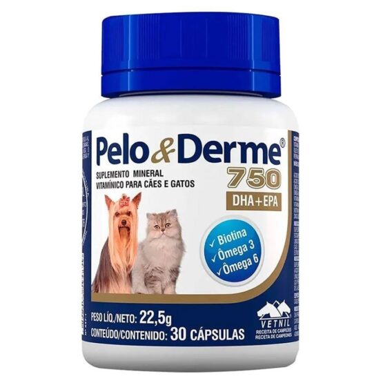 Suplemento Pelo & Derme 750mg DHA+EPA 30 Cápsulas Vetnil para Cães e Gatos