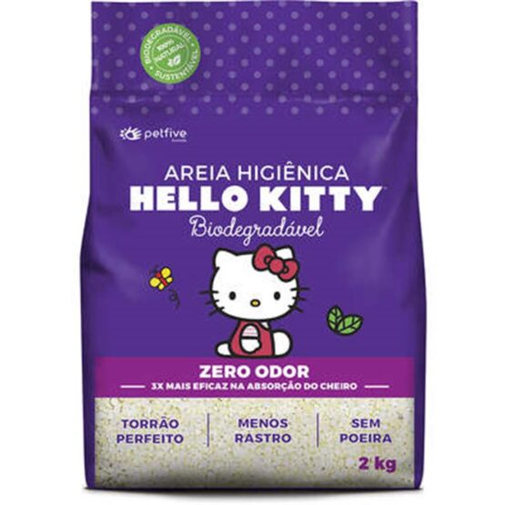 Areia Higiênica Biodegradável Grossa para Gatos Hello Kitty Roxa – 2kg